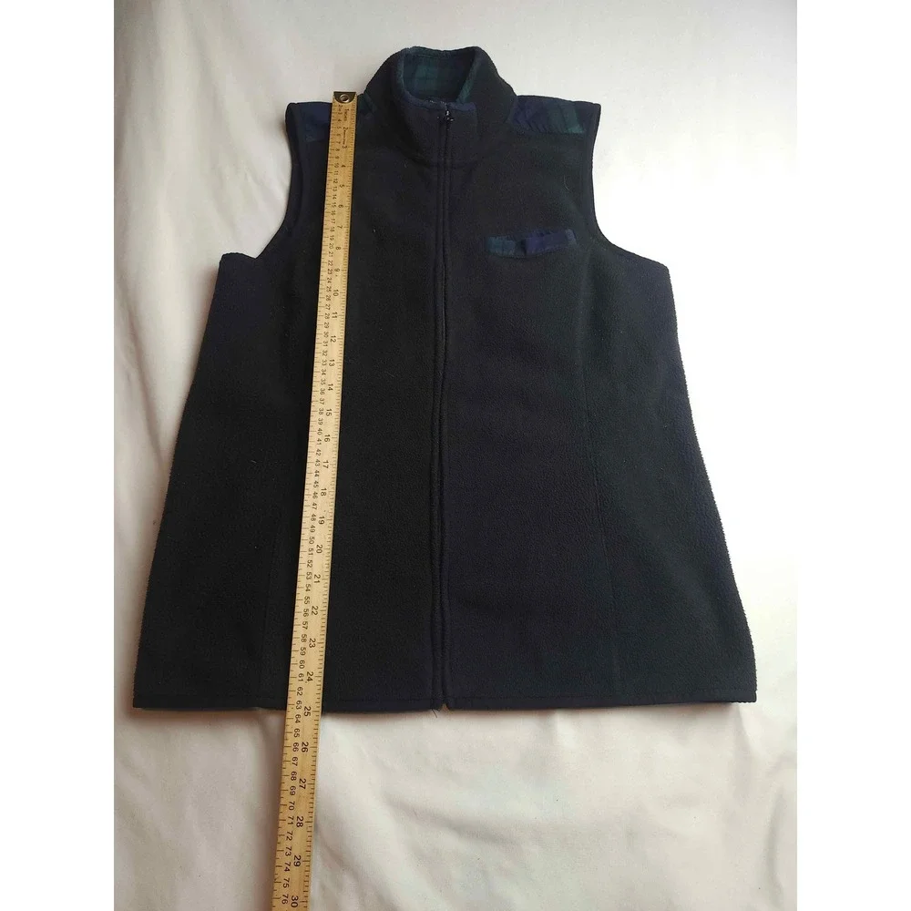 Brooks Brothers Navy Fleece Vest Black Watch Plaid Trim Full Zip Womens Medium